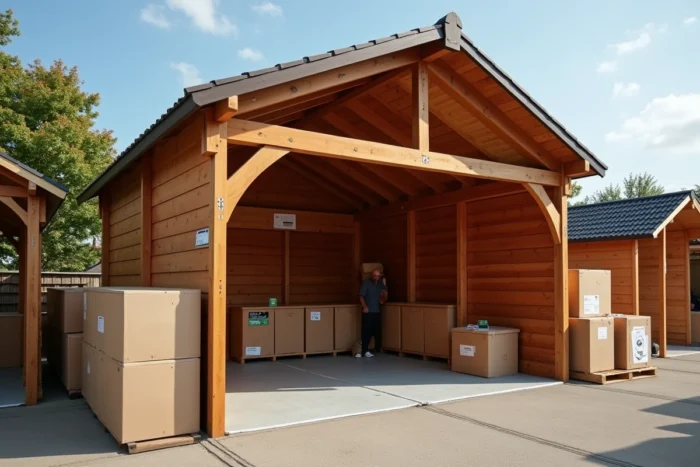 Abri voiture en bois exposé en magasin de bricolage avec étiquette de prix et boîtes d'emballage
