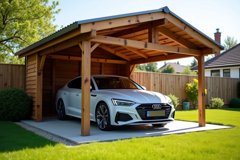 Abri voiture en bois de qualité installé dans un jardin pavillonnaire avec une voiture garée dessous
