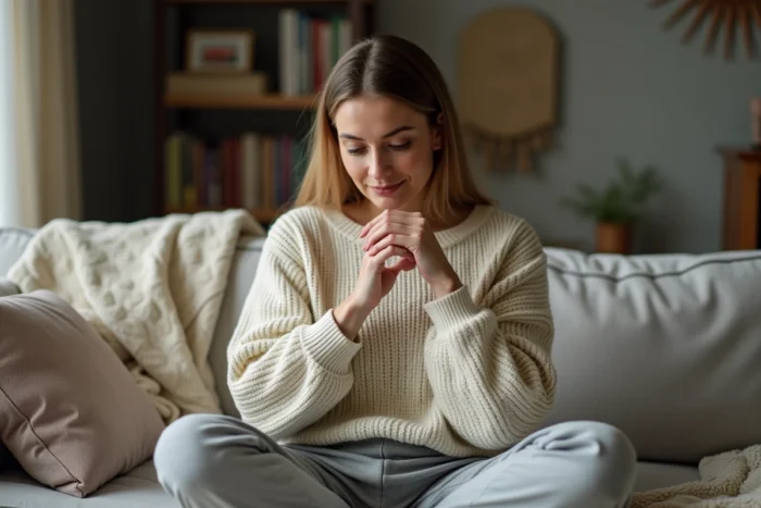 Femme en tenue décontractée assise sur un canapé, le regard pensif, acceptant son état d'épuisement professionnel