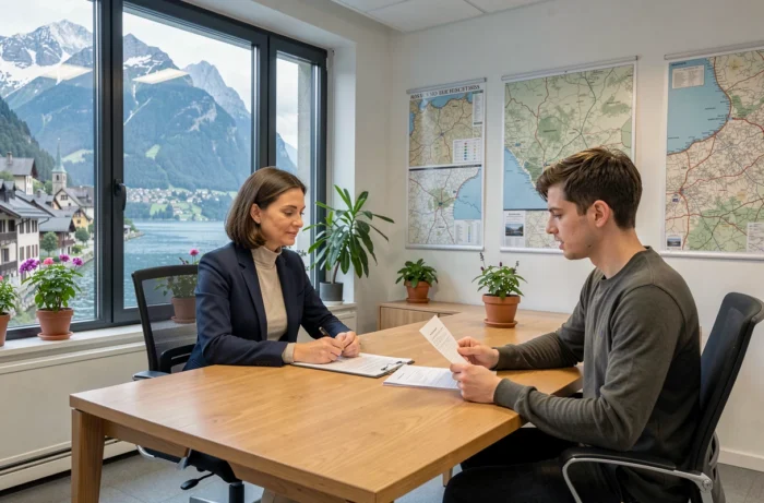 Agent immobilier conseillant un client dans une agence moderne avec vue sur le lac d'Annecy en Haute-Savoie