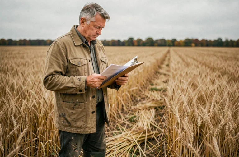 Agriculteur senior consultant des documents de calcul UTH dans un champ agricole en automne