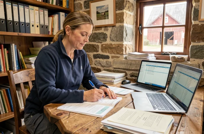 Agricultrice remplissant un formulaire de calcul UTH dans un bureau de ferme avec documents administratifs