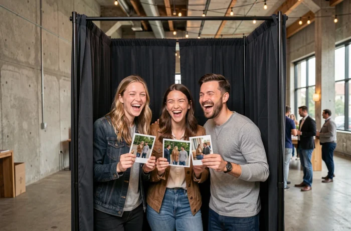 Groupe d'amis profitant d'une borne photo lors d'une soirée événementielle