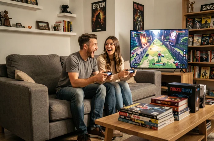 Deux amis geeks jouant en coopération à un jeu vidéo multijoueur dans un salon décoré de culture pop et de mangas