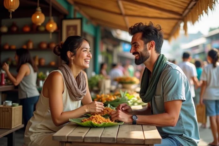 Deux amis dégustant des plats de street food colorés sur la terrasse d'un marché en Asie du Sud-Est