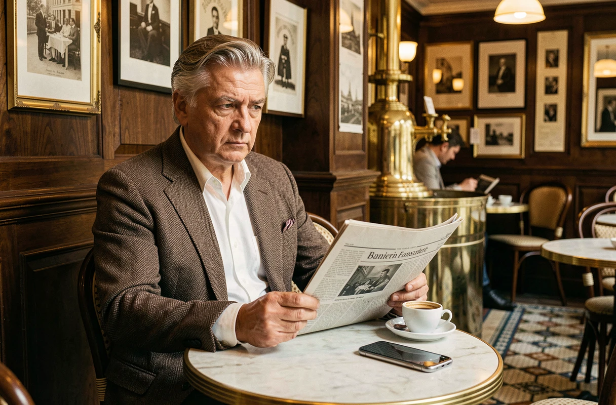 Homme réfléchi lisant un journal dans une brasserie parisienne, symbolisant les révélations et rumeurs entourant André-Louis Auzière