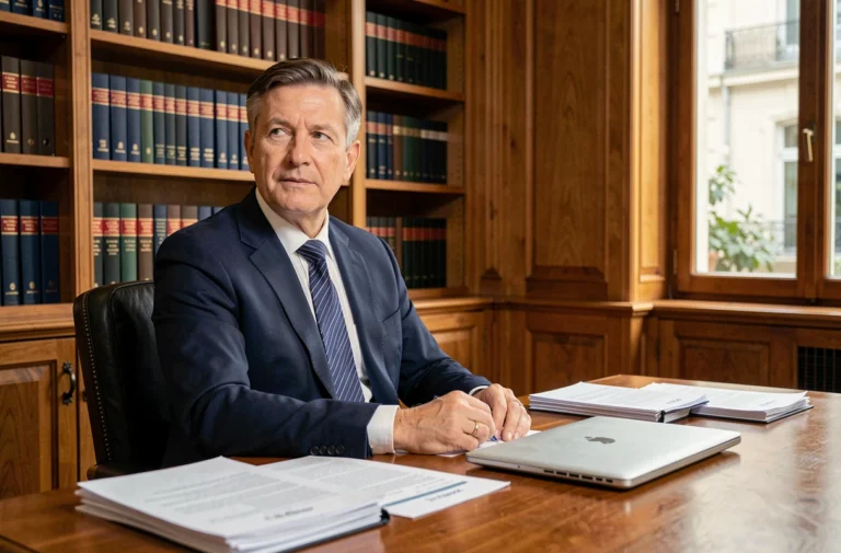Portrait d'un homme d'affaires élégant assis à son bureau, illustrant la discrétion et la vie professionnelle d'André-Louis Auzière