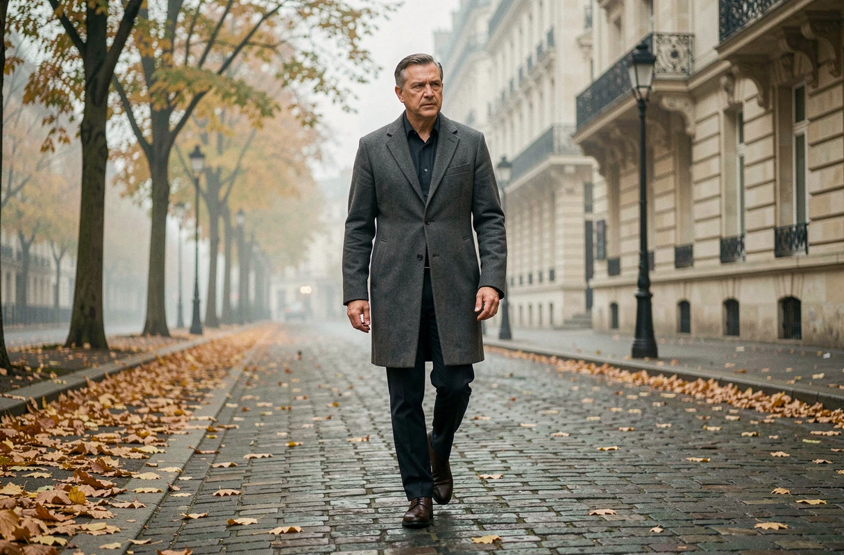 Homme élégant marchant dans une avenue parisienne en automne, évoquant la vie privée et les rumeurs autour d'André-Louis Auzière
