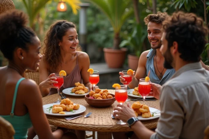 Groupe d'amis partageant un apéro créole convivial en terrasse avec samossas et beignets de crevettes