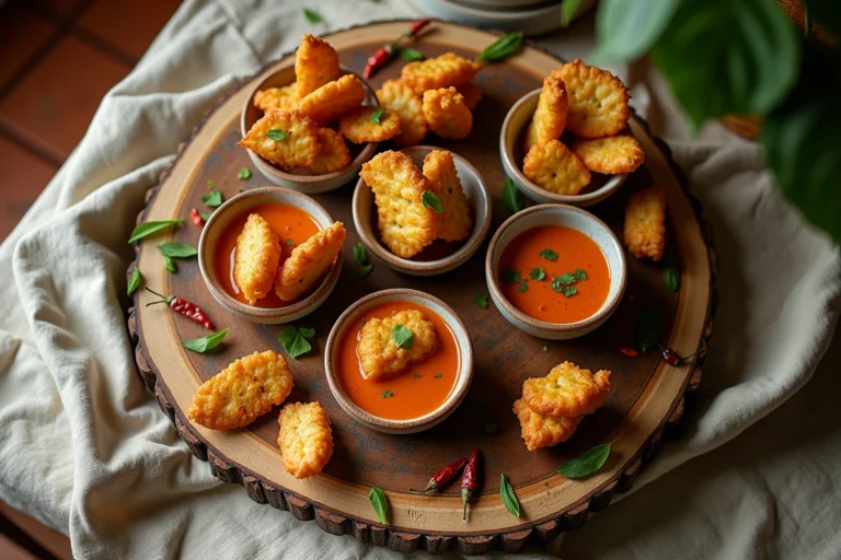 Plateau apéro créole maison avec accras de morue, chips de banane plantain et sauce épicée sur planche en bois