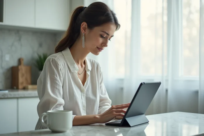 Jeune femme se connectant à My Arkevia sur une tablette depuis sa cuisine pour protéger ses données personnelles