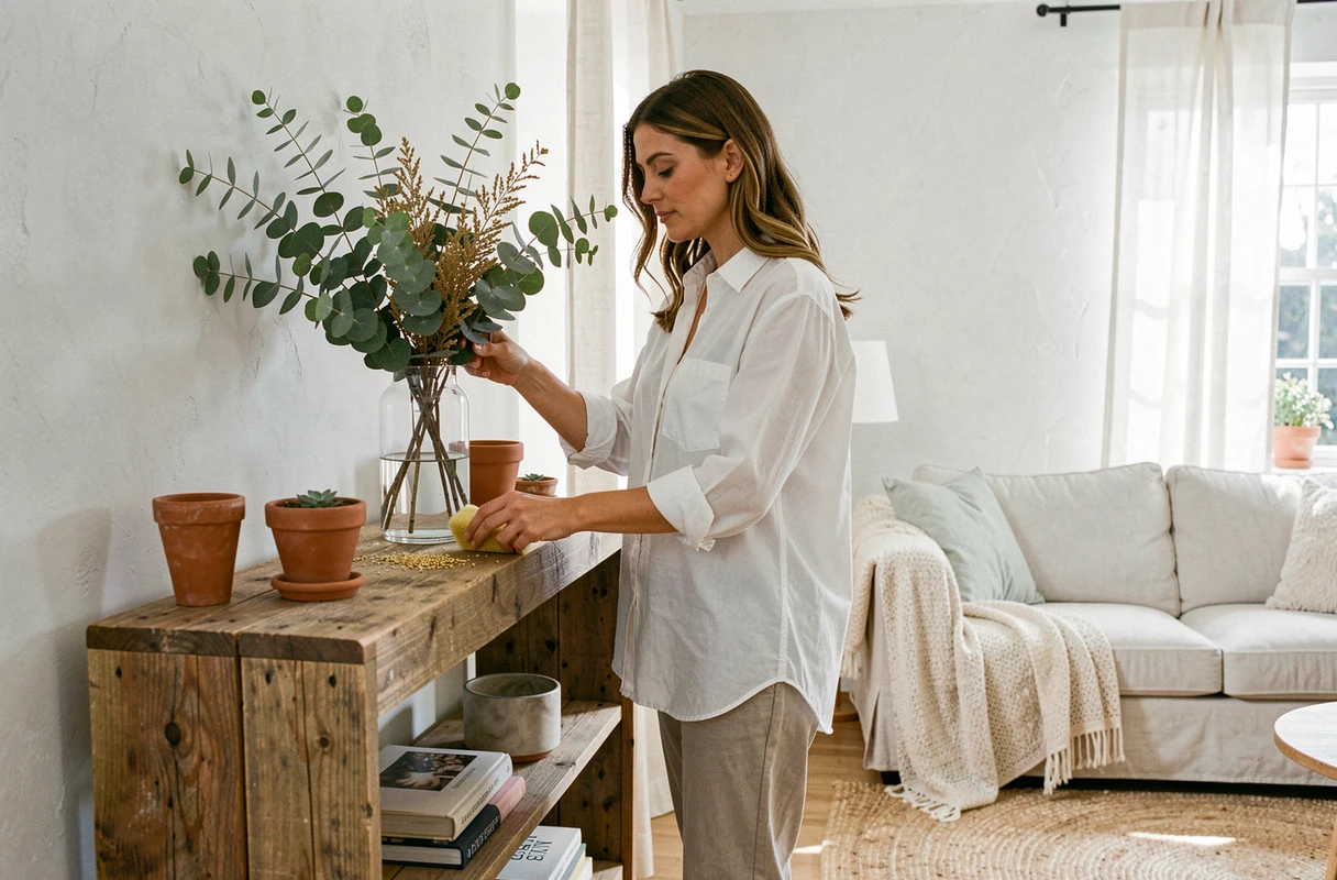 Femme entretenant des tiges végétales dorées sur une étagère en bois dans un intérieur scandinave