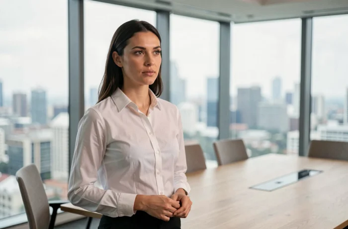 Une femme assertive en chemise blanche maintient un contact visuel direct avec un collègue lors d'une réunion professionnelle