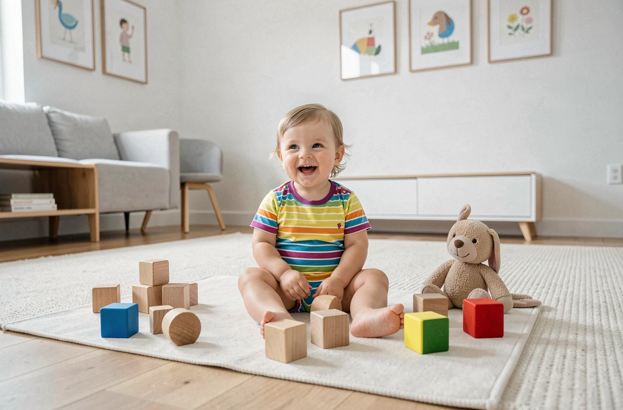 Bébé de 18 mois assis sur un tapis de jeu entouré de jouets en bois et peluches dans un salon moderne