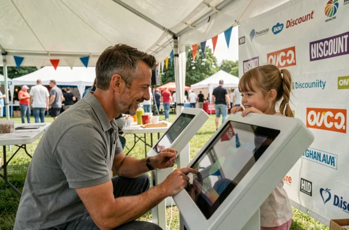 Père et enfant utilisant une borne photo en location lors d'une fête communautaire en plein air