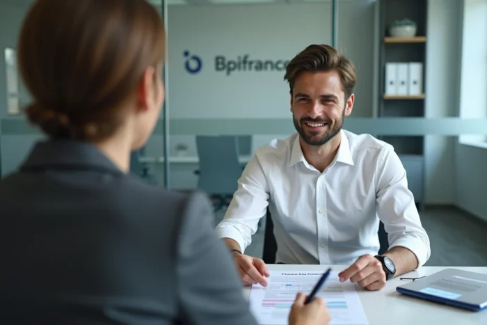 Un entrepreneur discutant d'un prêt bonifié pour projet innovant avec une conseillère dans un bureau institutionnel de type Bpifrance