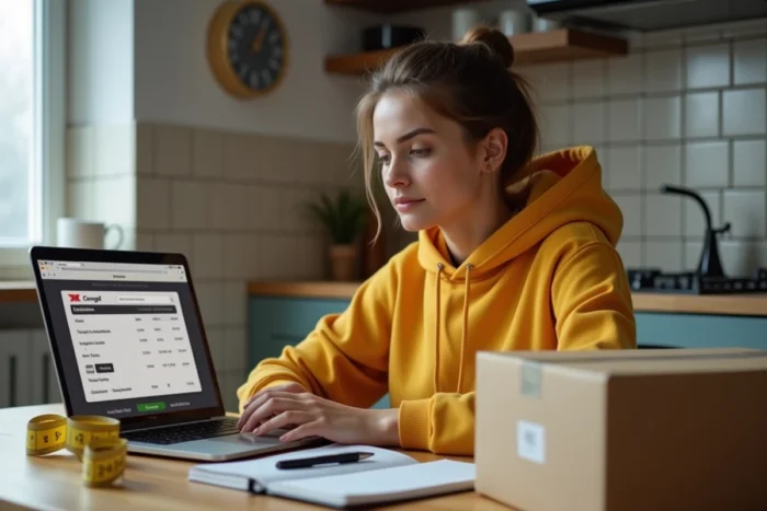 Jeune femme calculant le tarif d'un colis Mondial Relay en ligne selon le poids sur son ordinateur