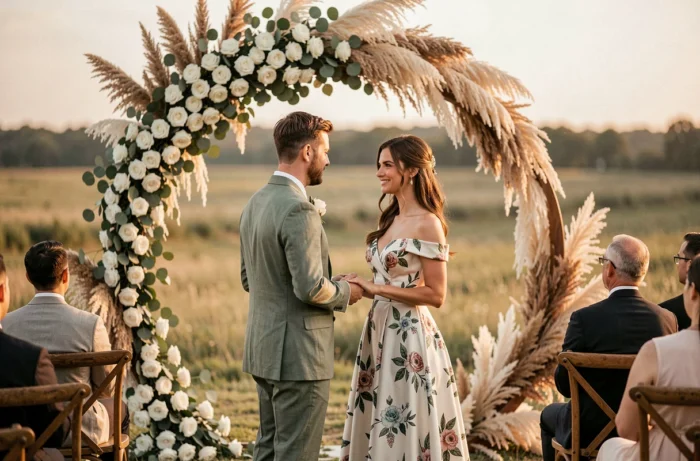 Couple de mariés sous une arche florale lors d'une cérémonie de mariage en plein air bohème, tendances 2024