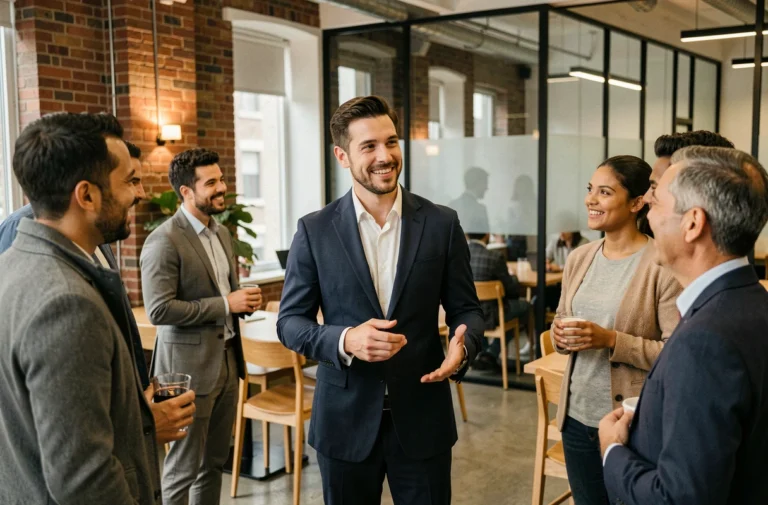 Un homme charismatique en blazer marine interagit avec un groupe de professionnels dans un espace de coworking moderne