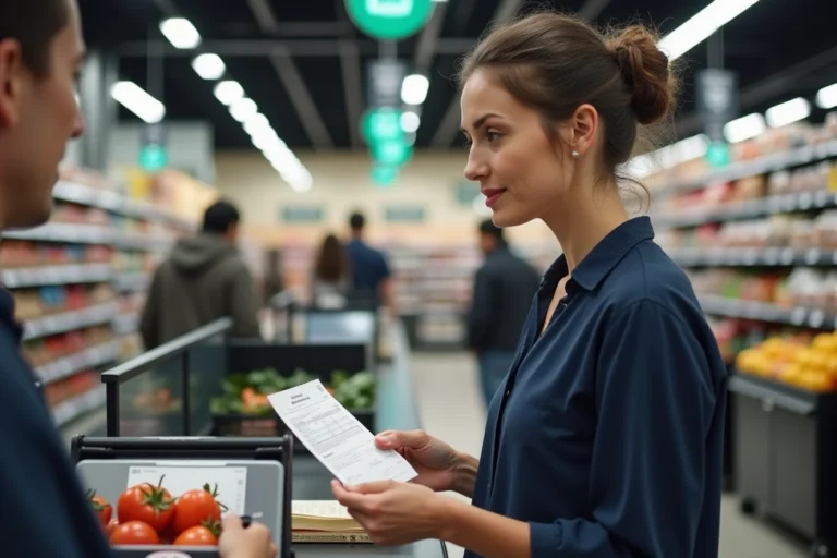 Femme remettant un chèque différé à la caisse d'un hypermarché Cora lors de ses courses