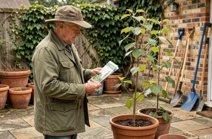Homme comparant deux jeunes mûriers platane en pot sur une terrasse pour choisir le meilleur plant