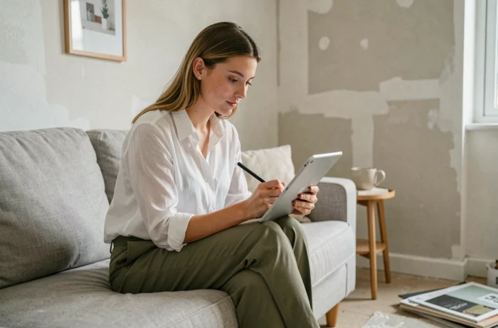 Jeune femme consultant le portfolio d'un décorateur d'intérieur sur tablette dans un salon en cours de rénovation
