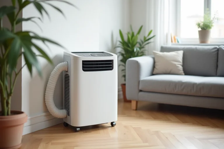 Climatiseur mobile blanc posé dans un salon moderne avec parquet chêne et canapé gris, tuyau d'évacuation dirigé vers la fenêtre