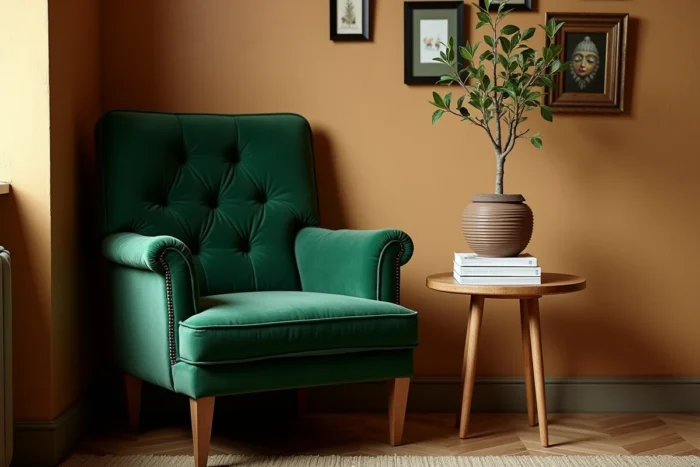 Coin lecture cosy avec fauteuil en velours vert, table en noyer et plante d'intérieur dans un salon aux murs en chaux ocre