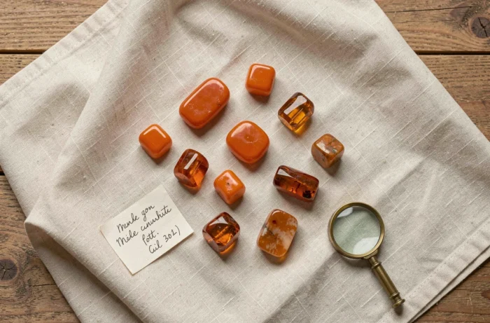 Collection de pierres oranges polies dont cornaline aragonite et grenat spessartite disposées en flat-lay sur lin naturel