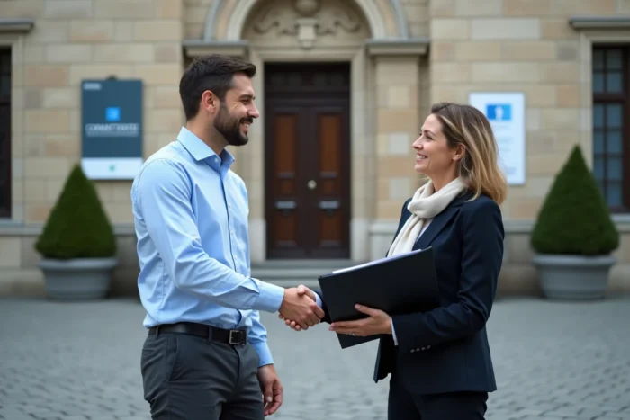 Un chef de projet et une élue locale échangeant des documents de subvention devant un bâtiment municipal représentant les collectivités territoriales