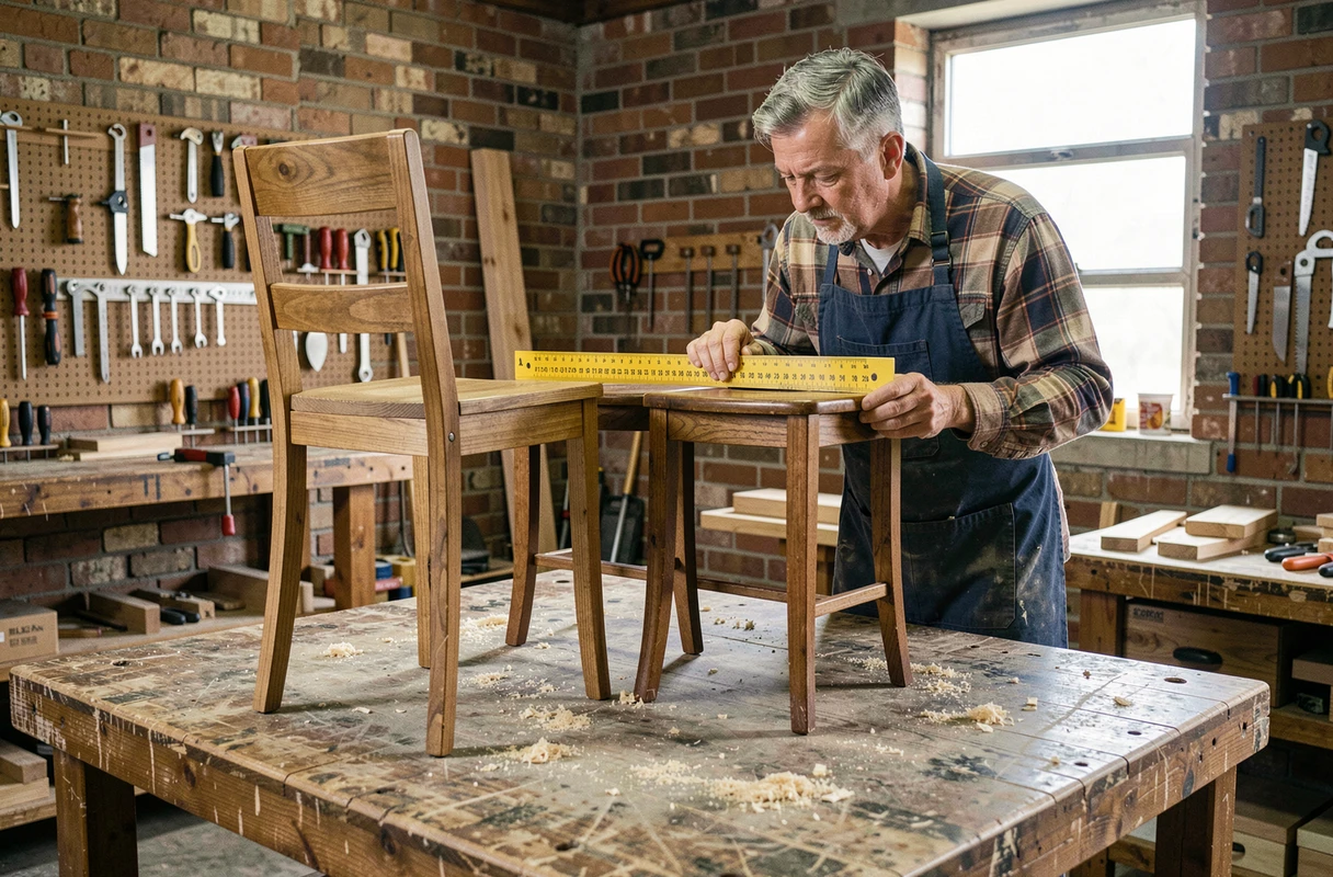 Artisan comparant les dimensions de deux chaises dans un atelier de menuiserie