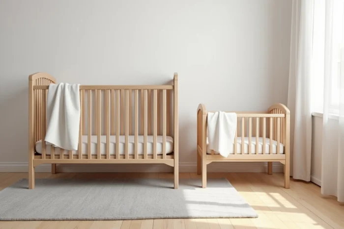 Comparaison entre un grand lit bébé en bois et un petit couffin sur pied dans une chambre de nourrisson