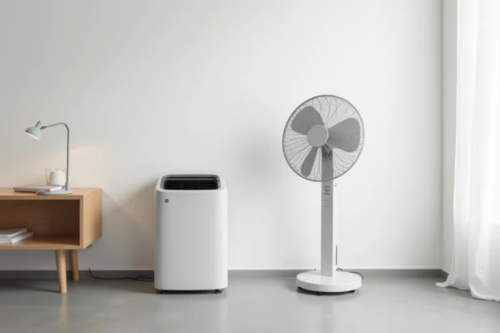 Comparatif côte à côte d'un climatiseur mobile et d'un ventilateur sur pieds dans une chambre minimaliste avec sol en béton ciré