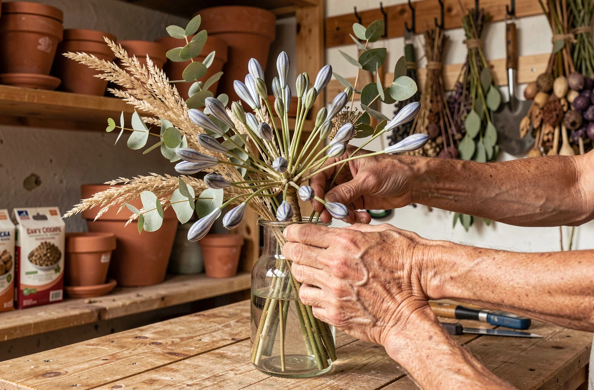 Composition décorative artisanale avec des fleurs fanées d'agapanthe séchées dans un vase en verre rustique sur établi de jardin
