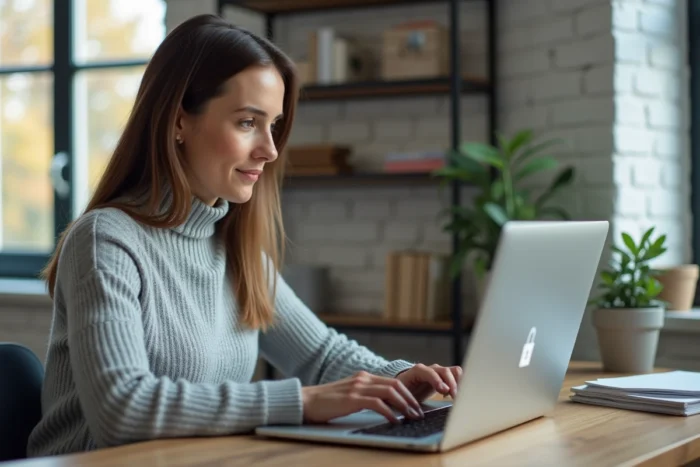 Femme connectée à l'application My Arkevia sur un ordinateur portable pour sécuriser ses données personnelles