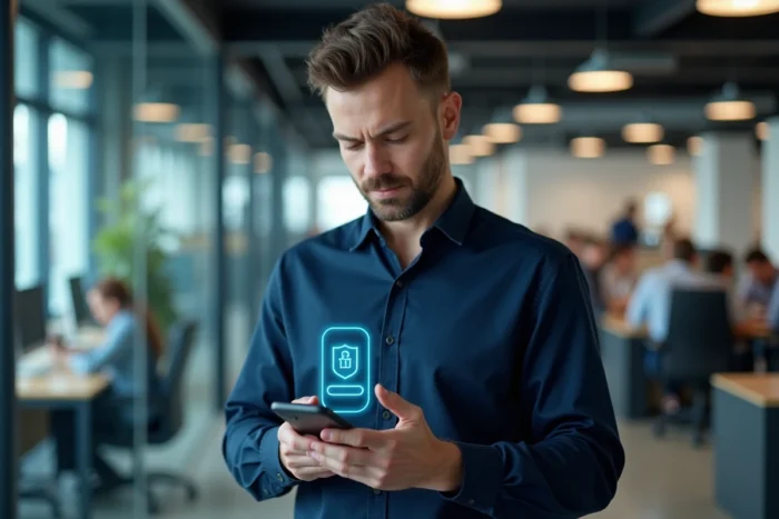 Homme utilisant une application de sécurisation des données personnelles sur smartphone dans un bureau moderne