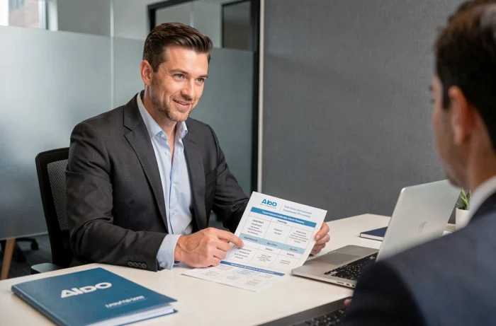 Conseiller en assurance présentant un comparatif de mutuelles santé à un client en agence