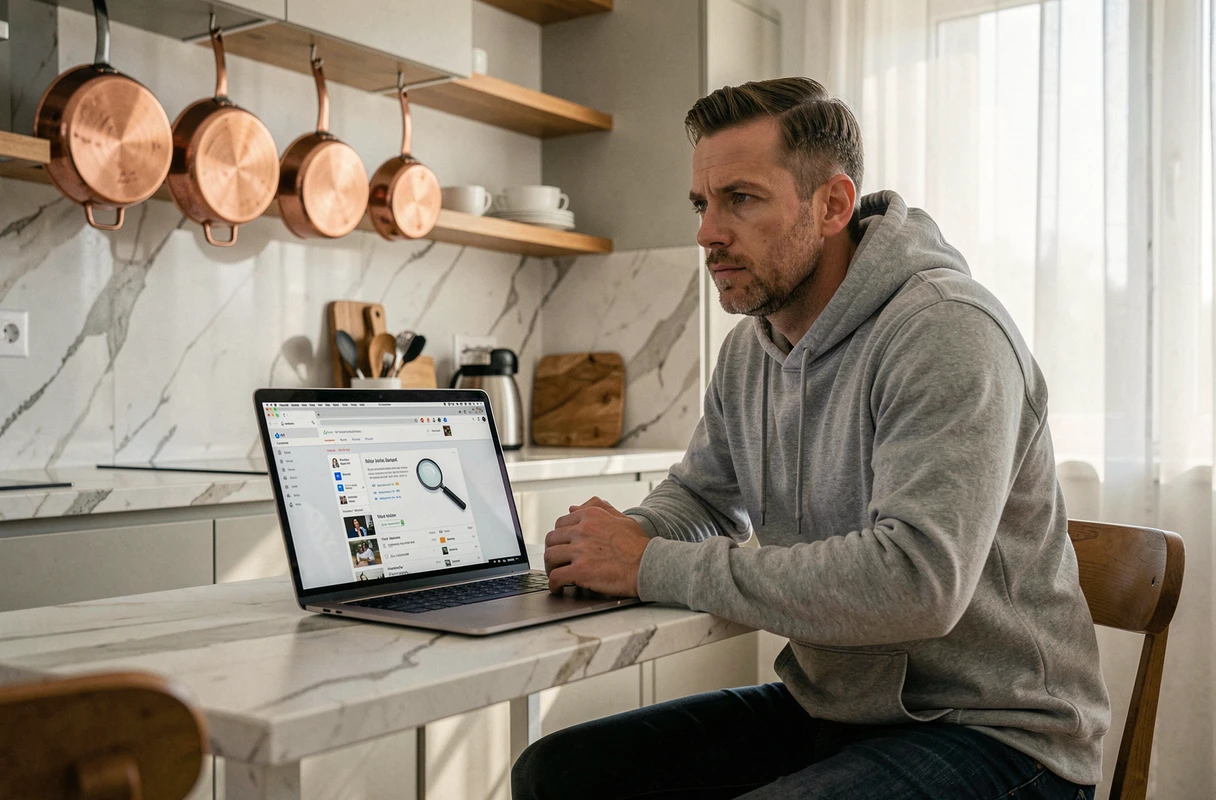 Consommateur méfiant vérifiant la fiabilité d'un site web commercial depuis sa cuisine