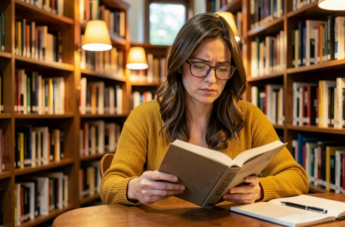 Une femme développe ses propres opinions en lisant et prenant des notes dans une bibliothèque bien fournie