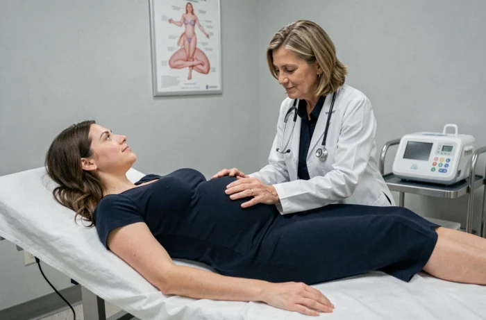 Femme enceinte allongée lors d'une consultation prénatale, médecin examinant délicatement le bas-ventre de la patiente dans un cabinet médical