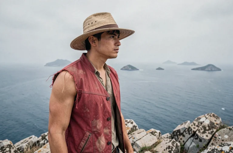 Cosplayeur incarnant Luffy de One Piece debout sur une falaise rocheuse face à l'océan avec chapeau de paille et veste rouge usée
