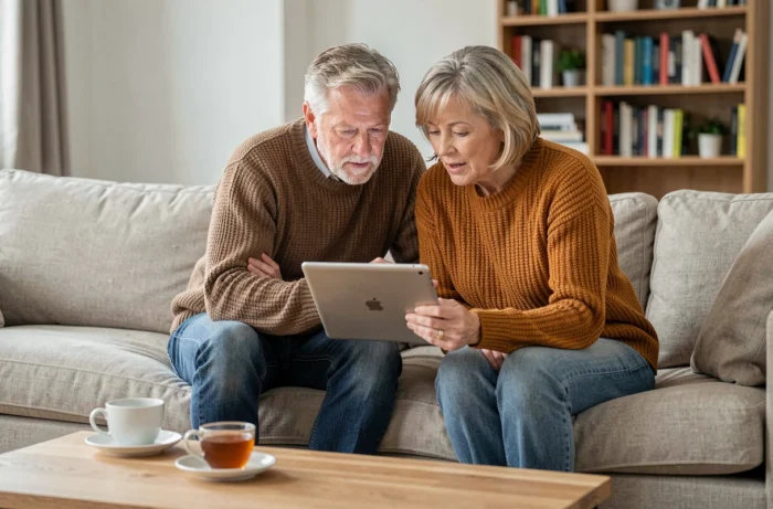 Couple d'âge mûr consultant une tablette pour choisir leur mutuelle santé dans leur salon