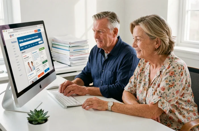 Couple comparant des offres de mutuelle santé sur ordinateur à domicile