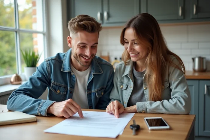 Couple étudiant ensemble leur contrat d'assurance auto autour d'une table de cuisine avec un smartphone et des clés de voiture