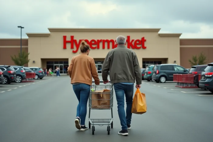 Couple sortant d'un hypermarché Cora avec un caddie plein après avoir payé par chèque différé
