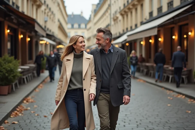 Couple élégant se promenant sur un boulevard parisien en automne, illustration d'une relation amoureuse dans le style éditorial