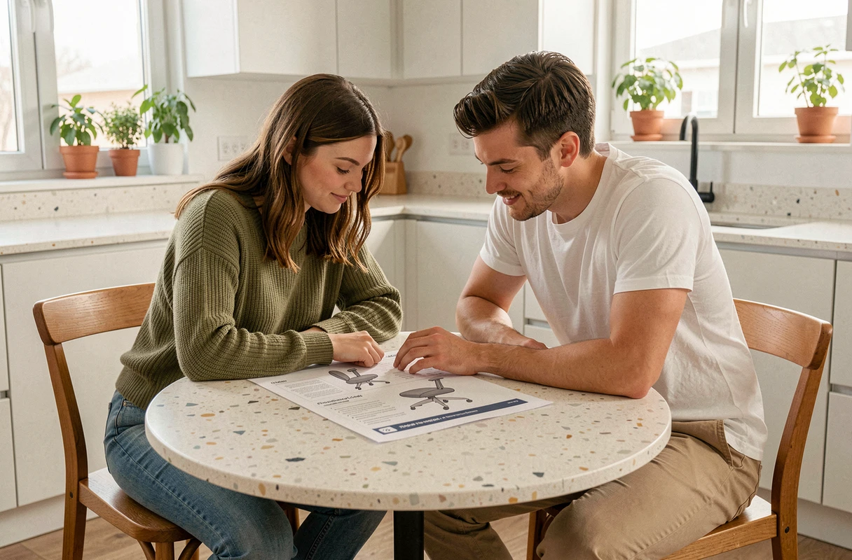 Couple consultant un guide ergonomique pour choisir les bonnes dimensions de chaise dans leur cuisine