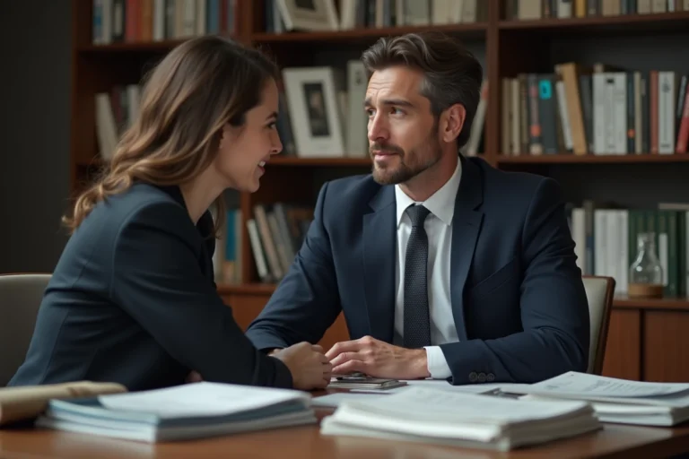 Journaliste et directeur de rédaction en couple dans un bureau éditorial moderne, illustrant l'influence de la vie personnelle sur la carrière médiatique