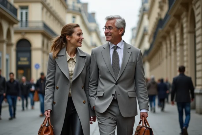 Couple de professionnels des médias marchant dans les rues de Paris, symbolisant l'entrelacement entre vie privée et trajectoire professionnelle