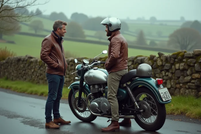 Couple en équipement moto admirant une moto avec side-car assorti sur une route de campagne